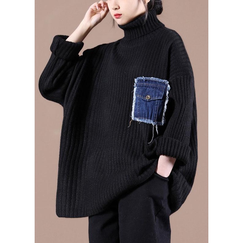 Casual Black Pockets High Neck Fall Knit Top