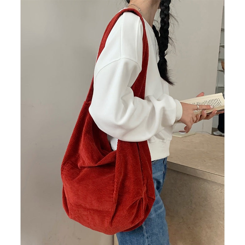 Casual Red Large Capacity Corduroy Satchel Bag Handbag