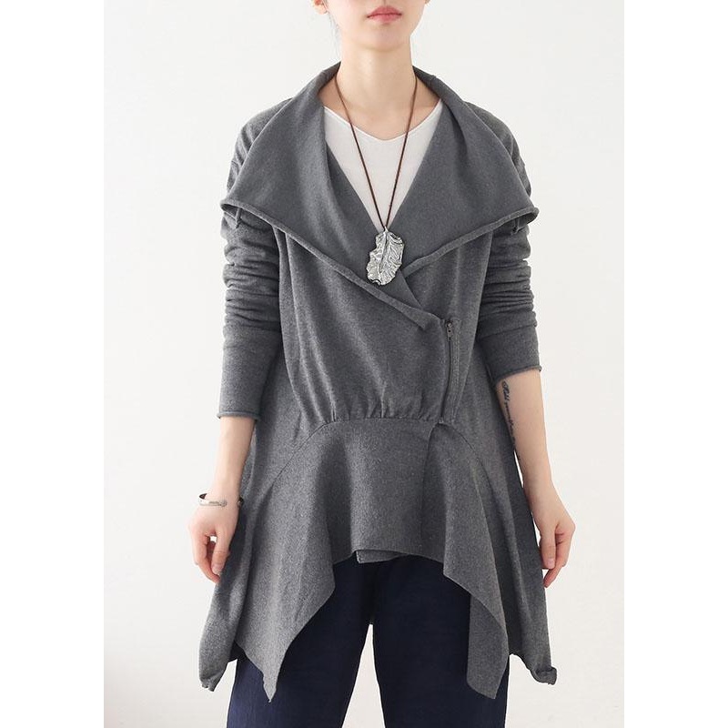 Chic Grey Peter Pan Collar Zippered Fall Short Coat