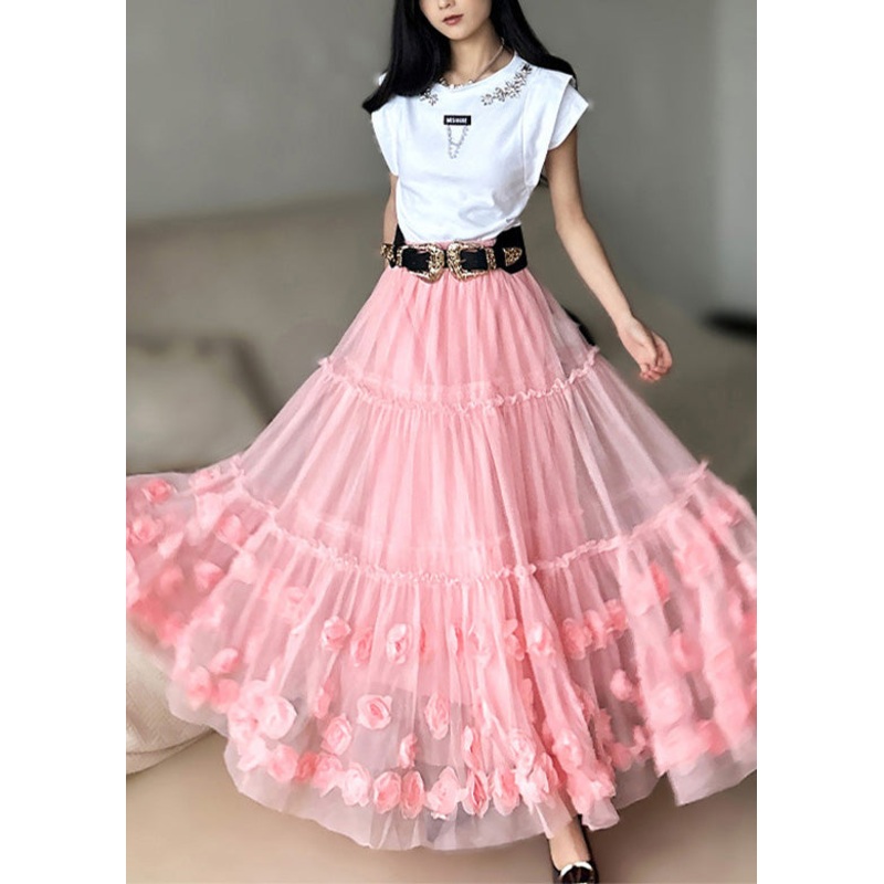 Chic Pink Ruffled Floral Tulle Skirts Spring