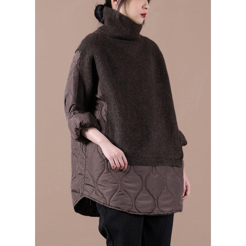 Chocolate Knitted high neck combed rhombic Plaid Cotton Sweater