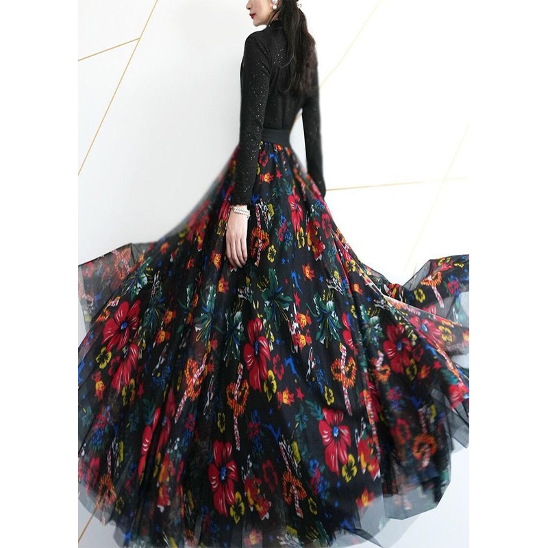 Classy Black Floral Print Exra Large Hem Tulle Skirts Spring