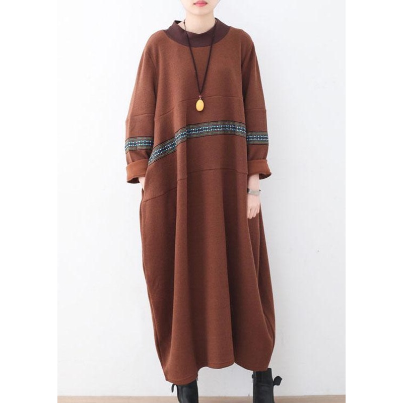 Classy Chocolate O-Neck Long Sleeve Loose Fall Cotton Dress