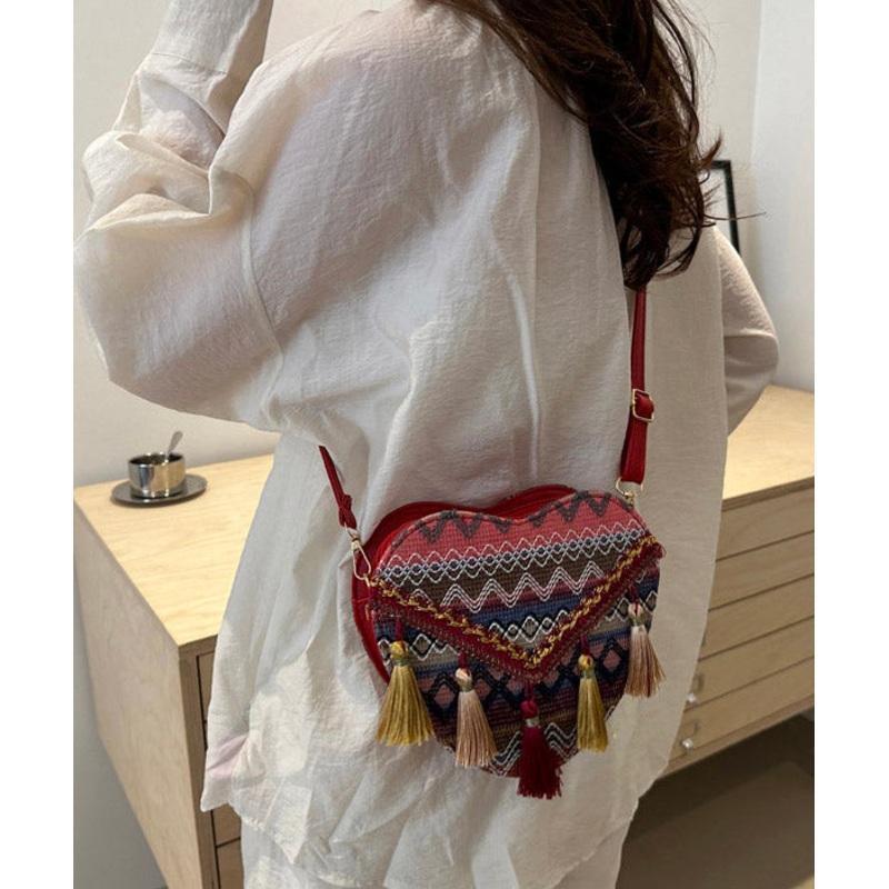 DIY Red Tassel Heart Patchwork Messenger Bag