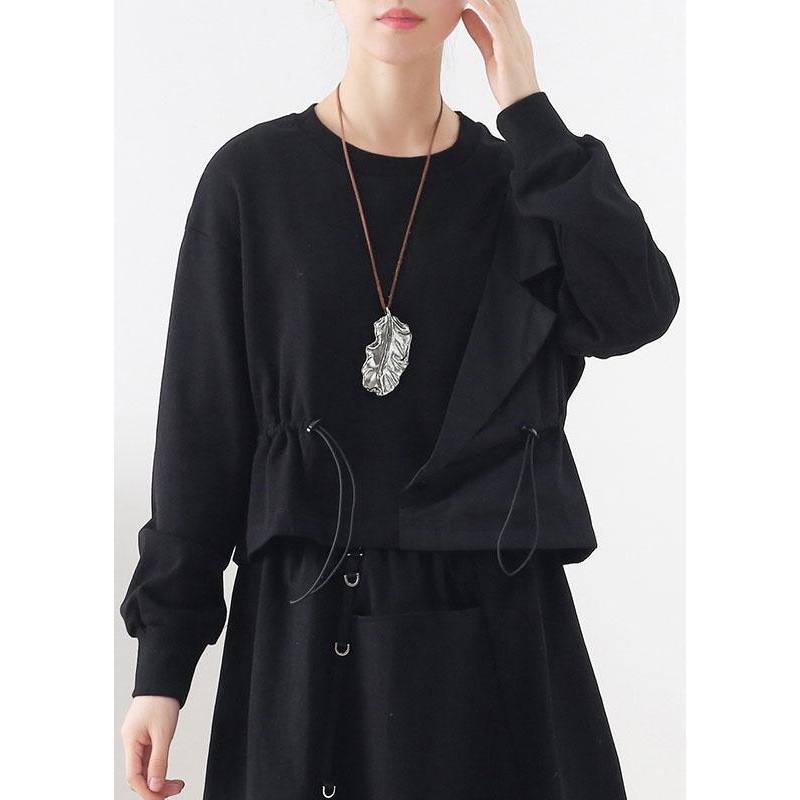 Elegant Black O-Neck Asymmetrical Design Cinched Sweatshirt Streetwear