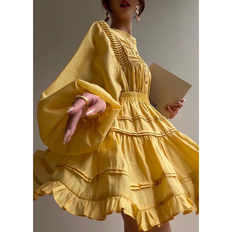 Elegant Yellow Wrinkled Cotton Two Pieces Set Lantern Sleeve