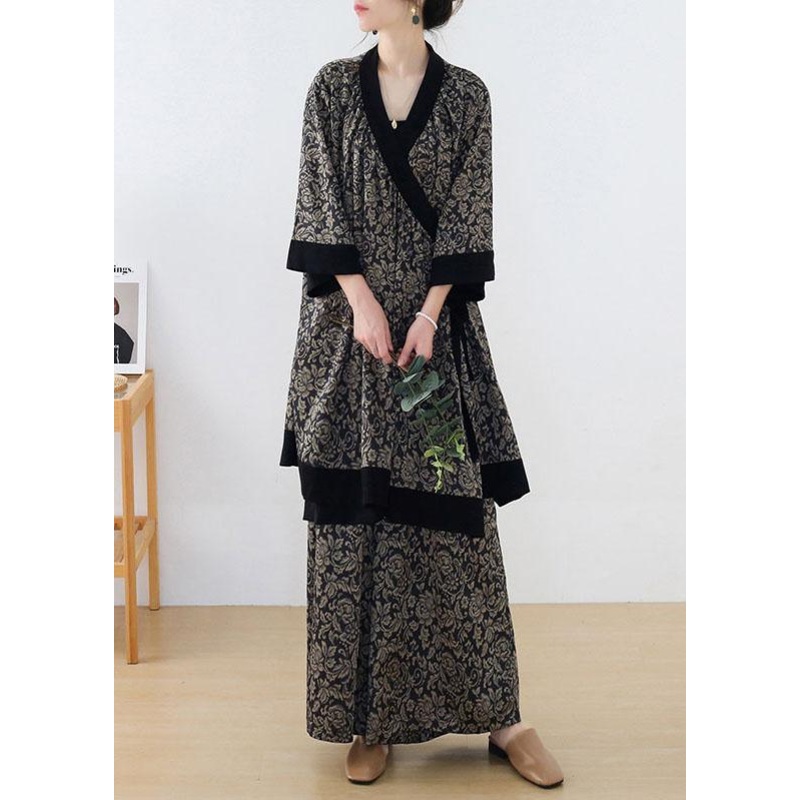 Handmade Beige Floral Patchwork Top Wide Leg Two Pieces Set