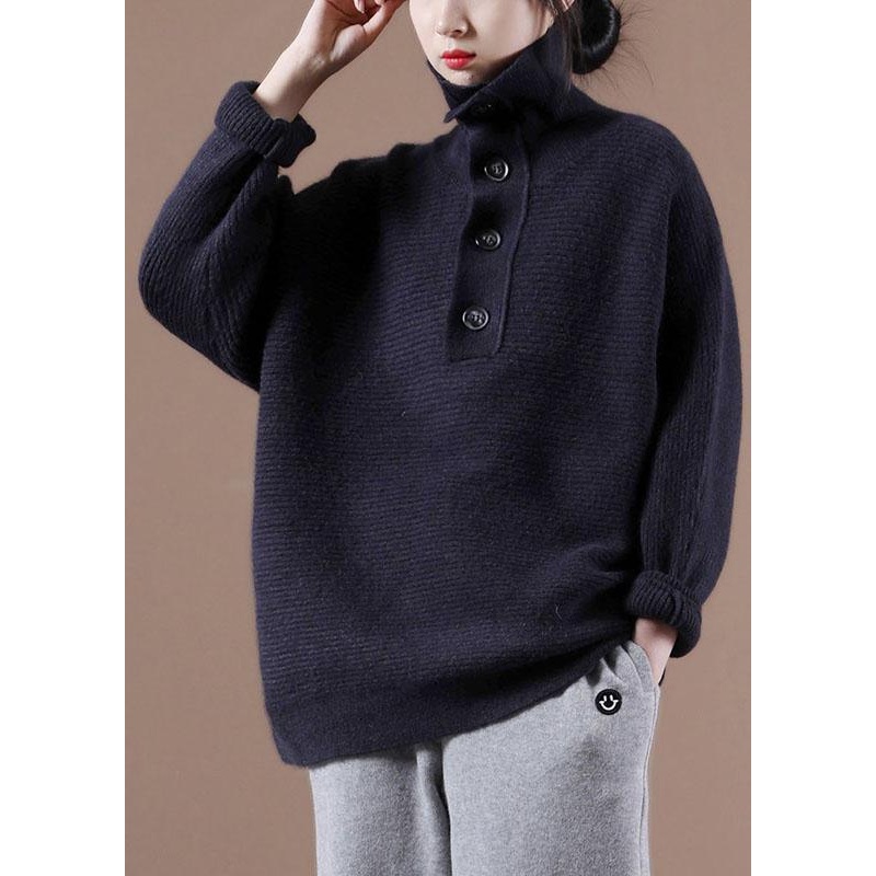 Loose Navy High Neck Button Fall Knit Sweater