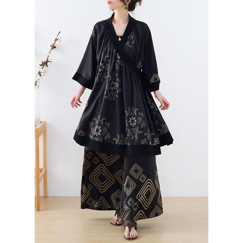 Natural Black Geometric Tie Waist Top Wide Leg Two Piece Suit Set