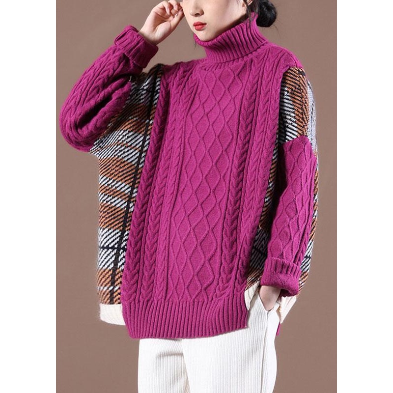 Natural Rose Patchwork High neck Casual Fall Knit Sweater