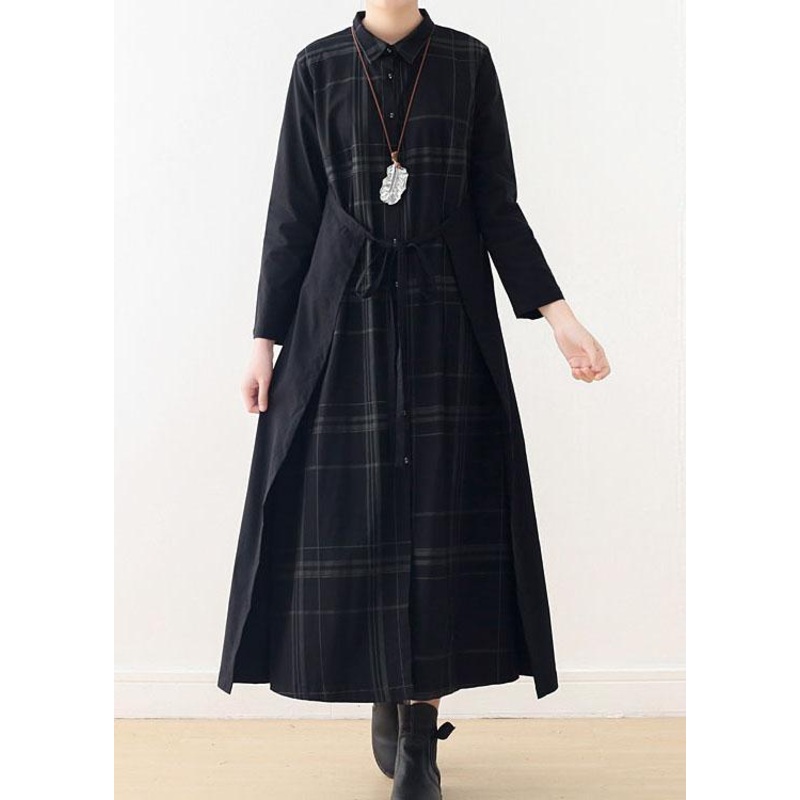 Organic Black Plaid Tie Long Sleeve Holiday Dress Fall