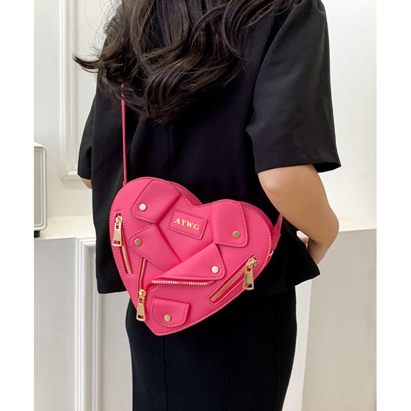 Original Design Pink Heart Zippered Patchwork Faux Leather Messenger Bag
