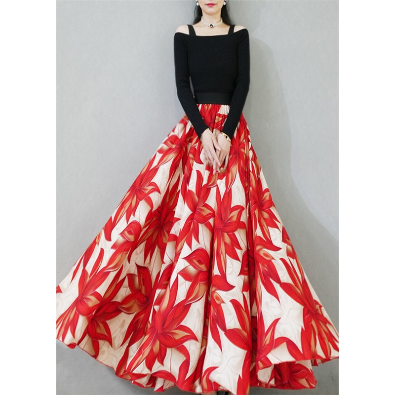 Red Print Chiffon Skirt Exra Large Hem Spring