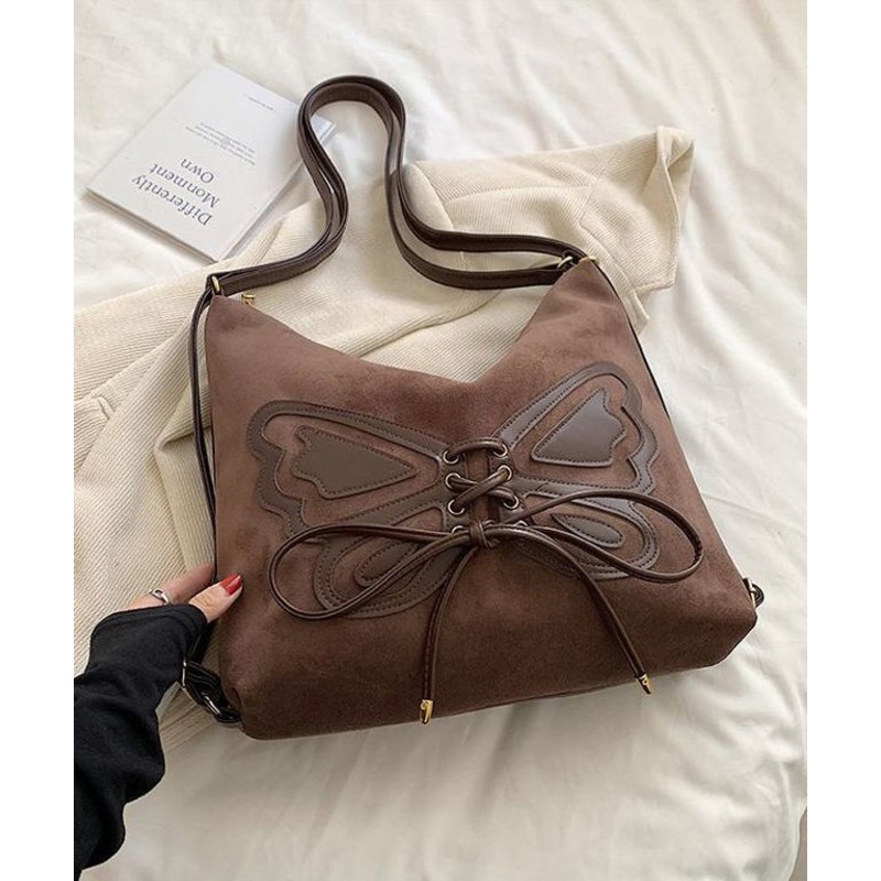 Retro Coffee Butterfly Lace Up Faux Suede Messenger Bag