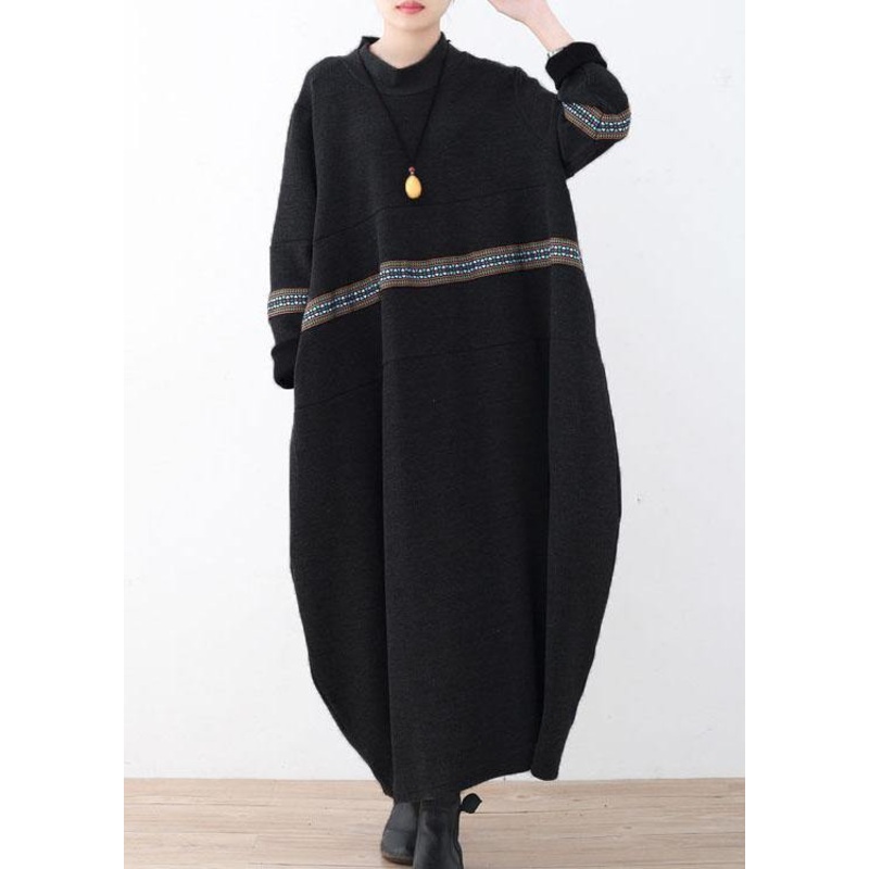 Simple Black Patchwork Print Loose Fall Dress