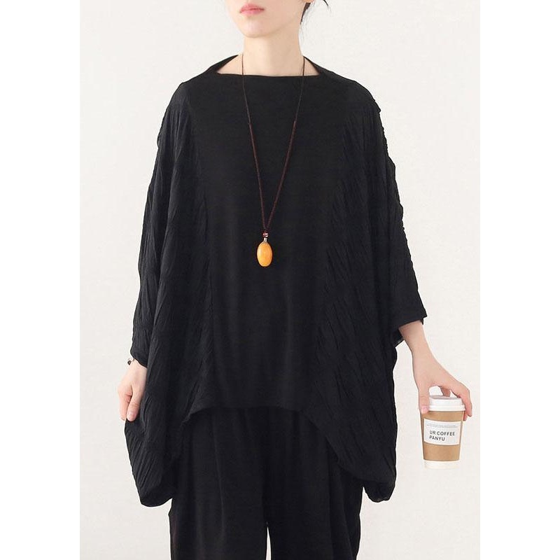 Simple Black Patchwork Wrinkled Batwing Sleeve Fall Shirt Tops