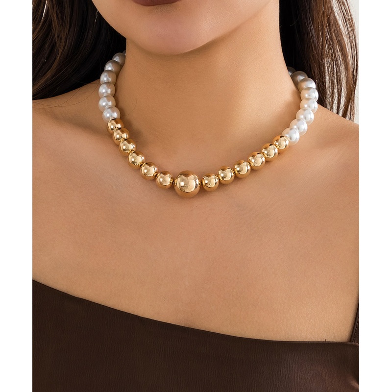 Simple Gold Alloy Pearl Patchwork Tassel Gratuated Bead Necklace