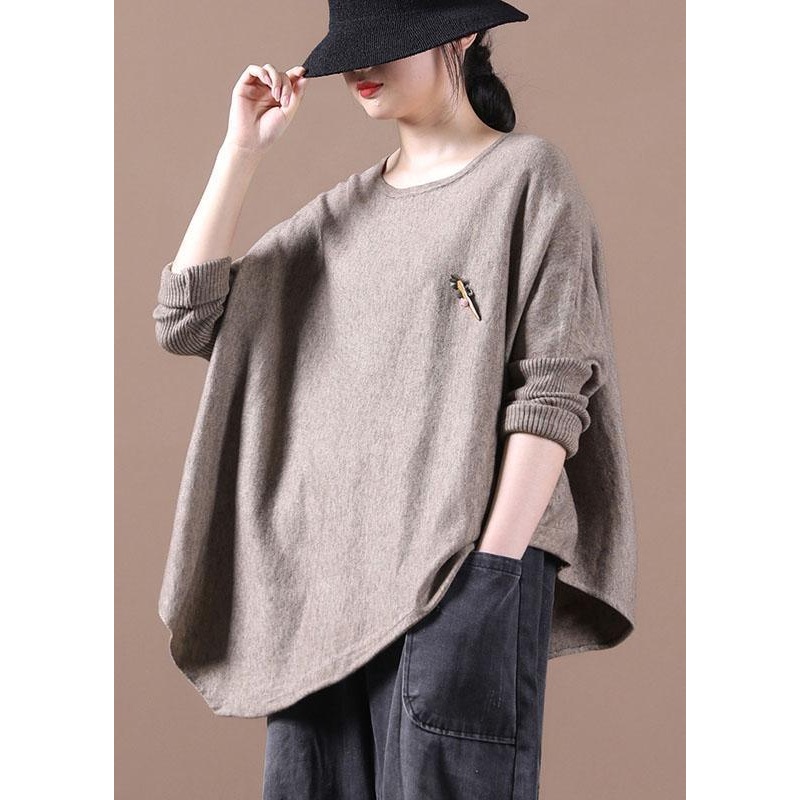 Simple Khaki O-Neck Asymmetrical Design Fall Knitted Top
