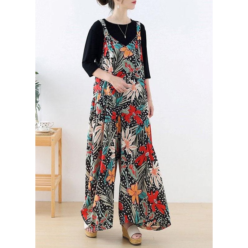 Simple Red Floral Pockets Wide Leg Fall Romper