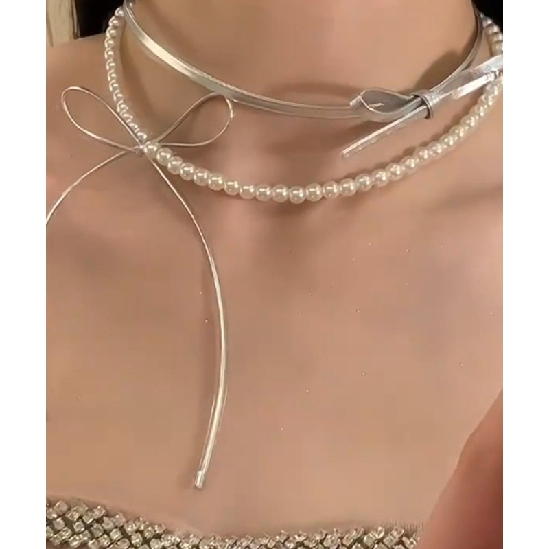 Style Silk Copper Portex Pearl Bow Pendant Necklace
