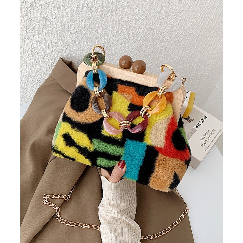 Stylish Acrylic Fuzzy Fur Fluffy Patchwork Messenger Bag