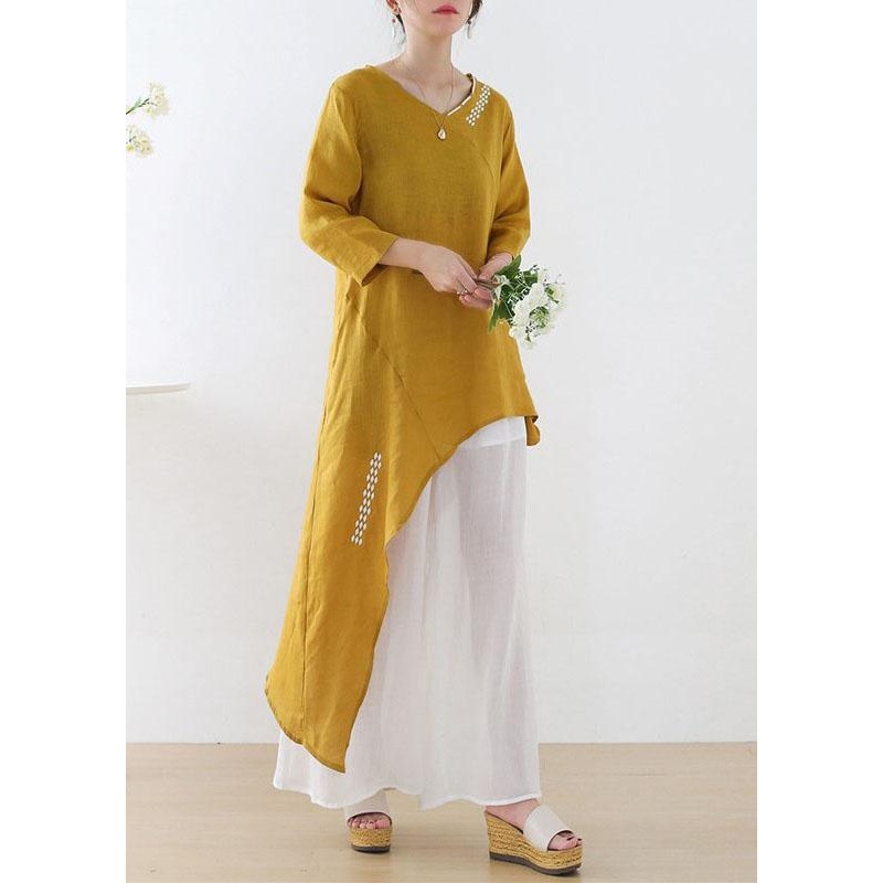 Unique Yellow Asymmetrical design O-Neck Shirts Fall