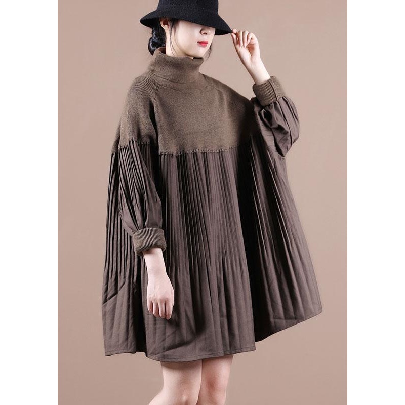 Vintage Chocolate High Neck Patchwork Fall Sweater Dress