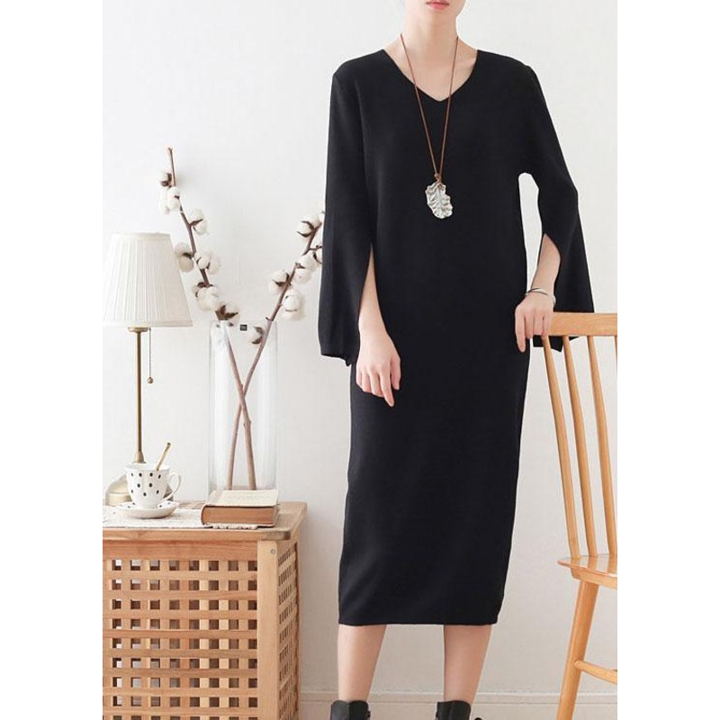 Women Black Long Sleeve Fall Slim fit Knit Dress
