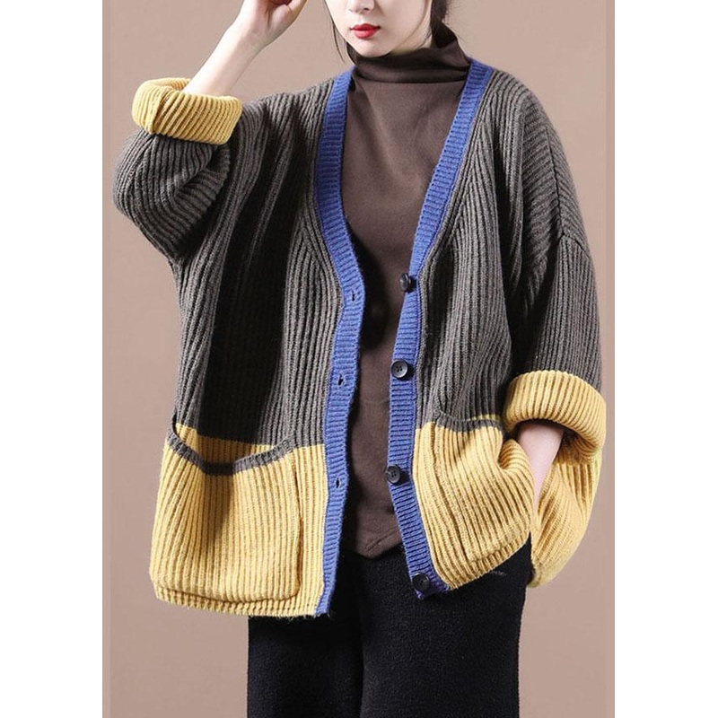 Women Dark Grey Pockets Colorblock Button Fall Sweater Jackets