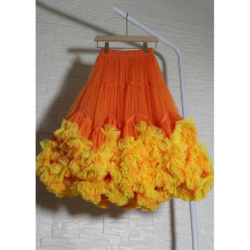 Women Orange Ruffled Patchwork Tulle Skirts Summer
