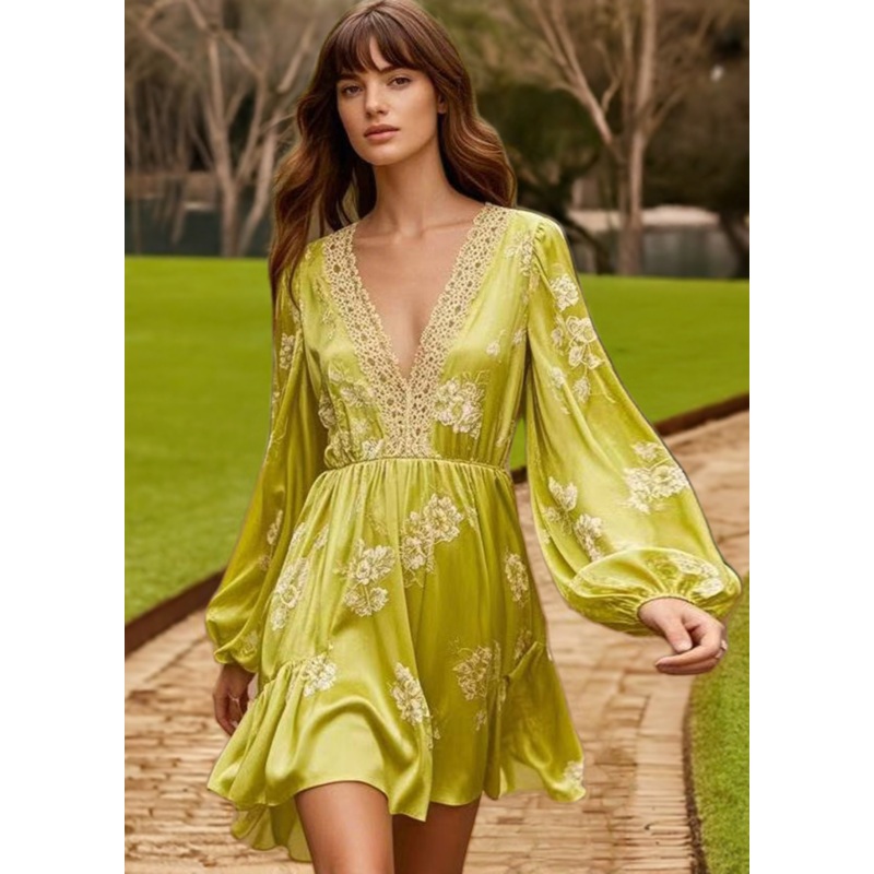 Women Yellow Green V Neck Print Patchwork Silk Mid Dresses Spring