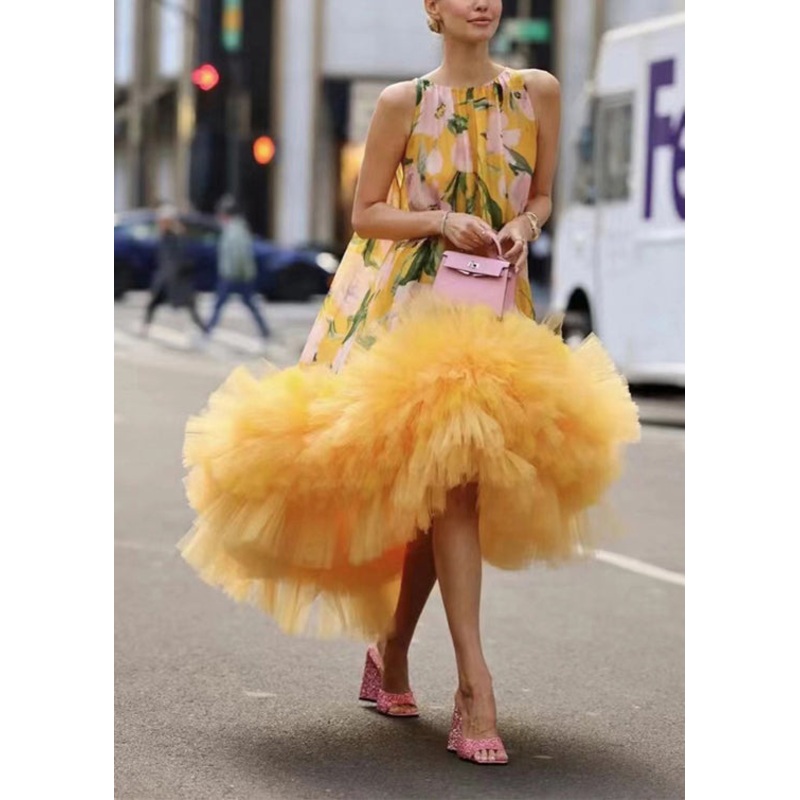 Women Yellow Print Exra Large Hem Party Dress Sleeveless