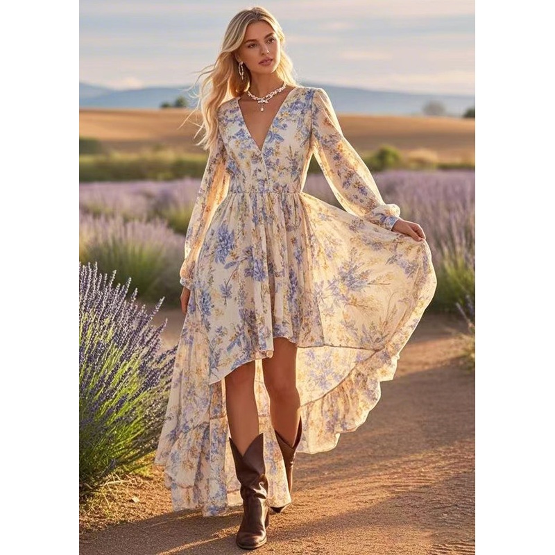 Apricot Print Cotton Mid Dress Asymmetrical Exra Large Hem Spring