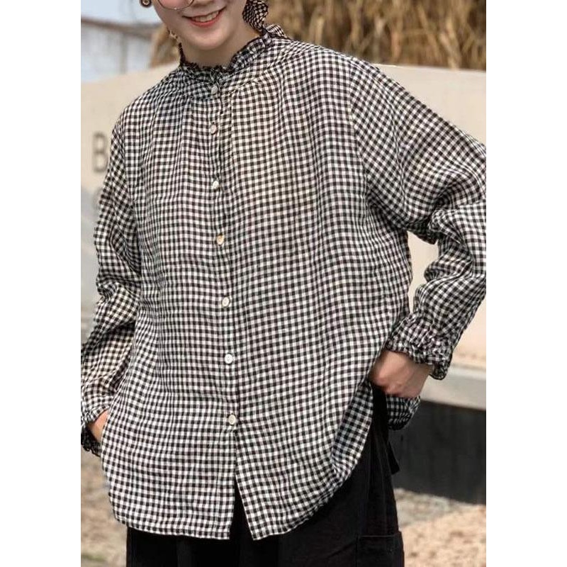 Art Black White Plaid Button Ruffled Fall Long sleeve Blouse Top