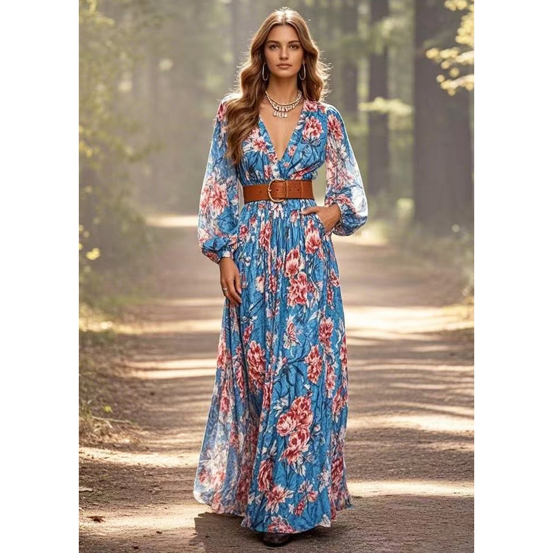Art Blue Cinched Floral Cotton Ankle Dress Spring
