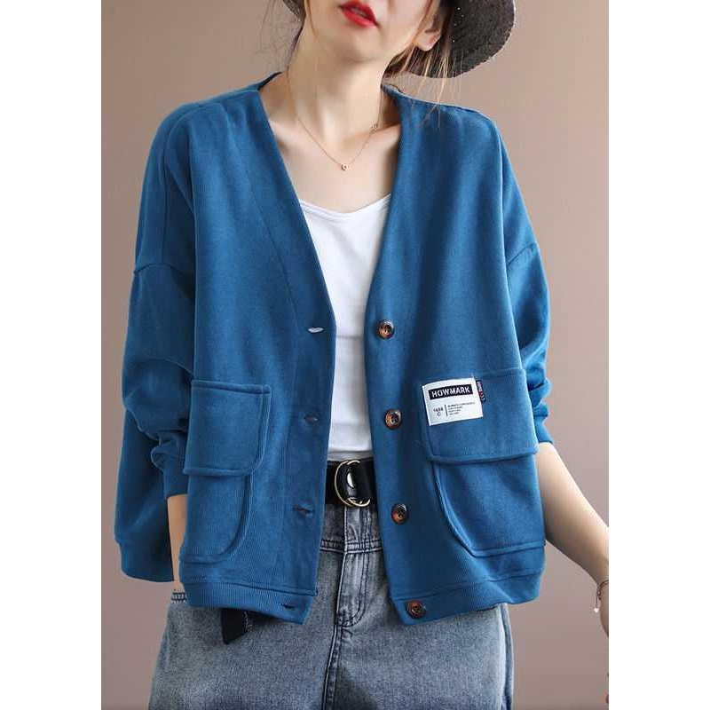 Art Blue V Neck Pockets Button Fall Long sleeve Coat