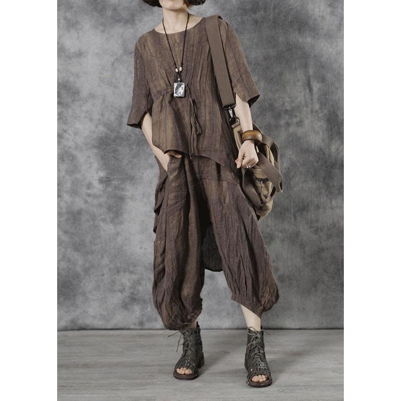 Art Chocolate Tie Waist Wrinkled Fall Tops Half Sleeve