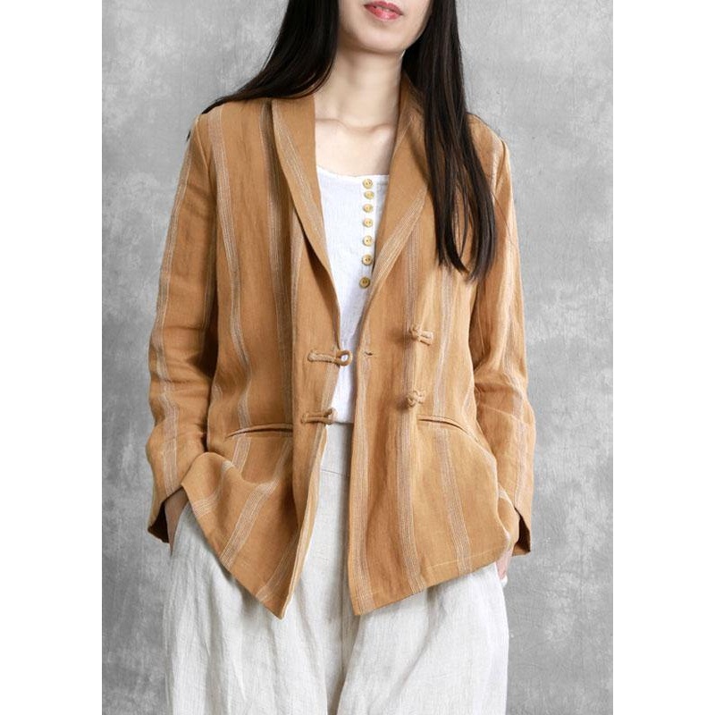 Beautiful Khaki PeterPan Collar Striped Fall Button Long sleeve Coat