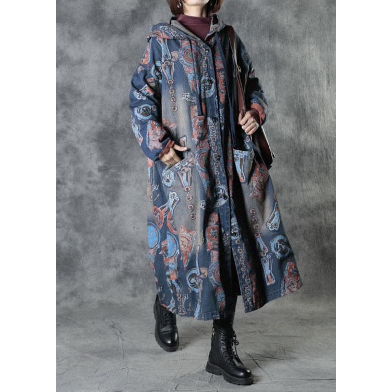 Bohemian Blue Pockets Fall Button Hoodies Outwear Long Sleeve
