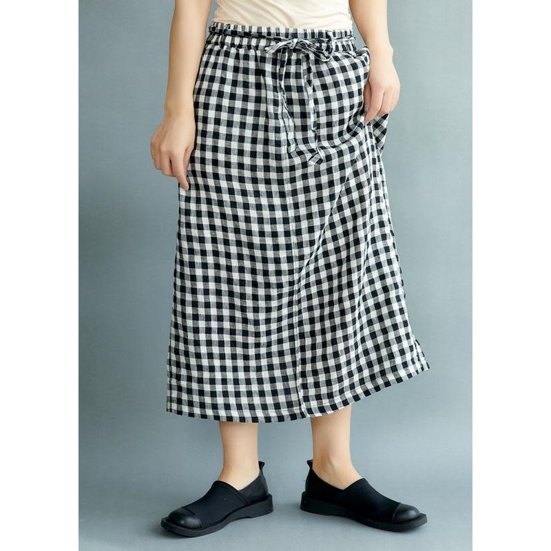 Boho Black Plaid Pockets Fall Tie Waist Skirt
