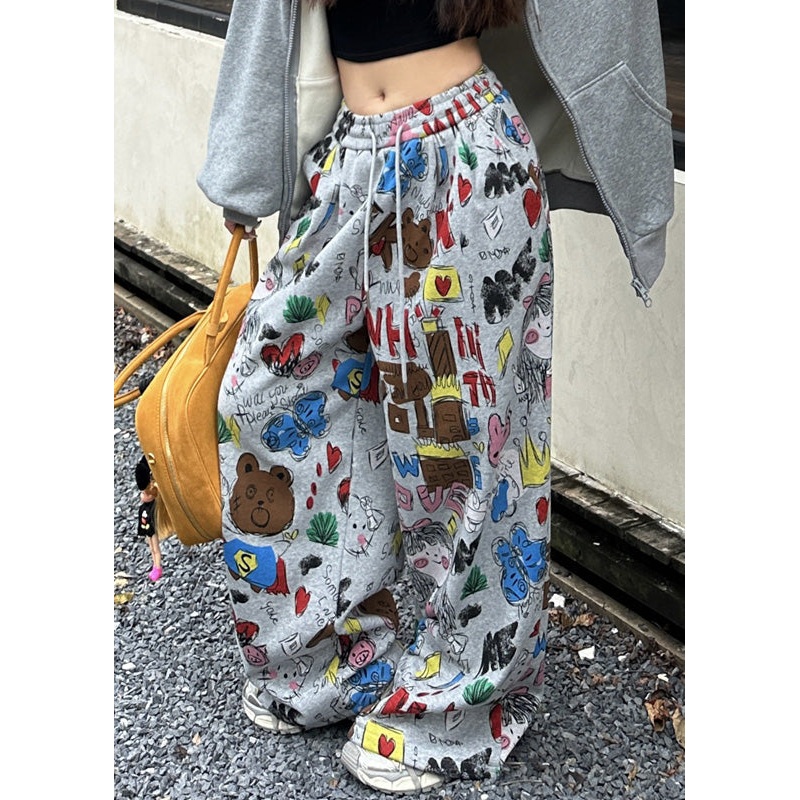 Boho Grey Oversized Print Cotton Wide Leg Pants Spring