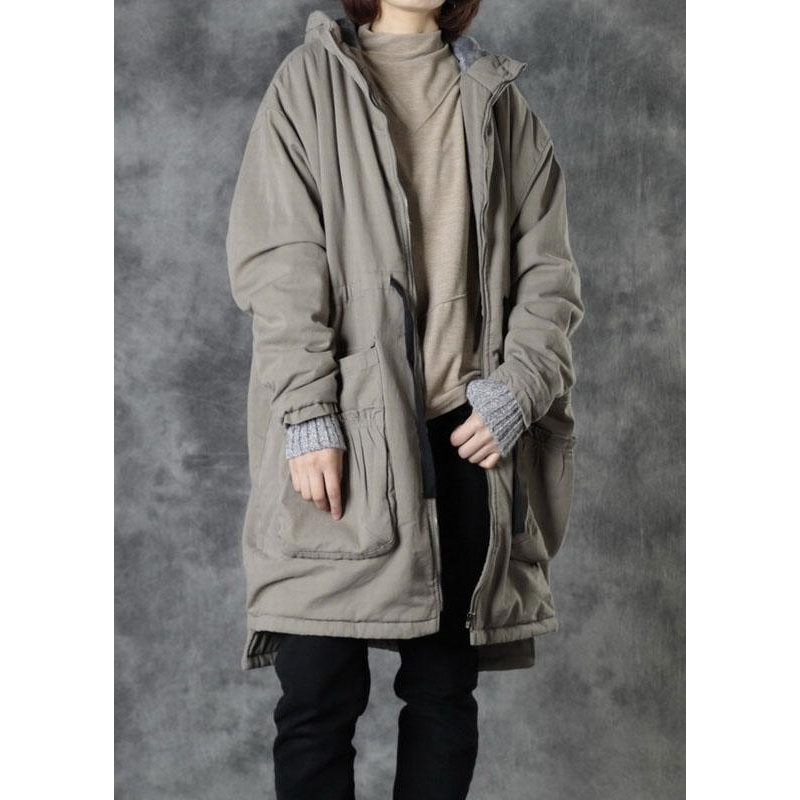 Boho Light Green Hooded Pockets Winter Tie Waist Cotton Puffer Jacket Long Sleeve