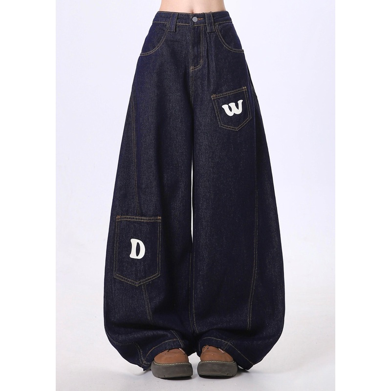 Boho Navy Letter Print Denim Wide Leg Pants Spring