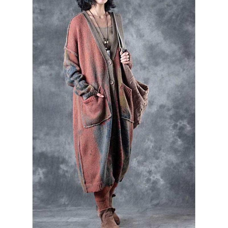 Boho Orange V Neck Pockets Fall Button Knit Sweater Cardigans