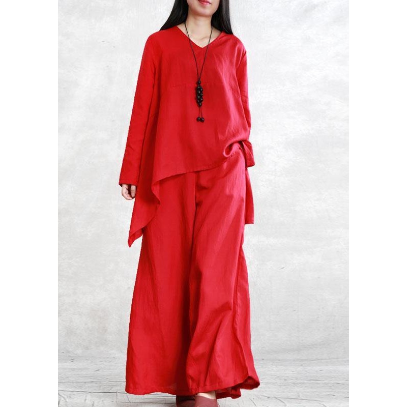 Boho Red V Neck Asymmetrical Design Fall Two Pieces Set Long sleeve