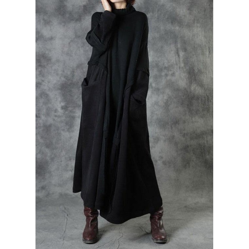 Boutique Black Loose Pockets Winter Corduroy Long Dress Sweater