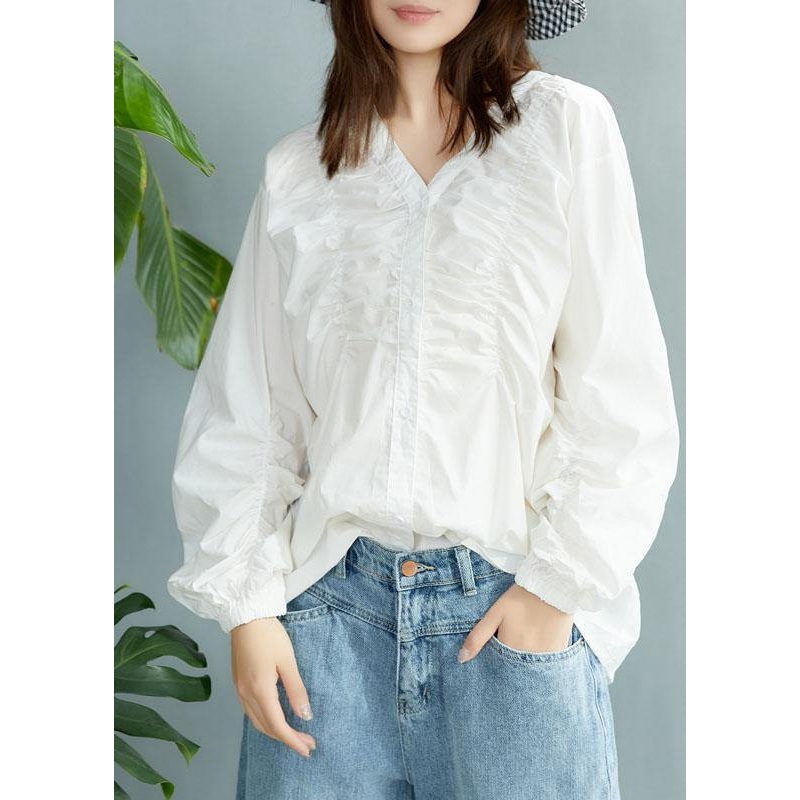 Boutique White V Neck Button Casual Fall Long sleeve Blouse Top