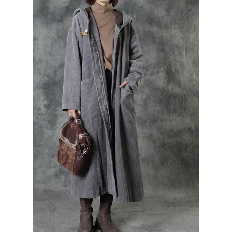 Casual Grey Button Hooded Pockets Winter Cotton Parka Long Sleeve