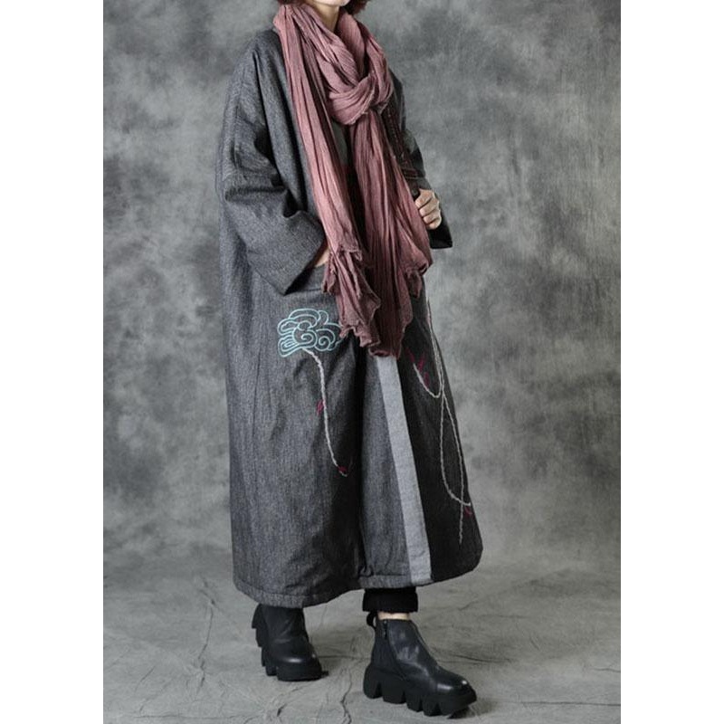 Casual Grey V Neck Embroideried Pockets Winter Cotton Coats Long Sleeve