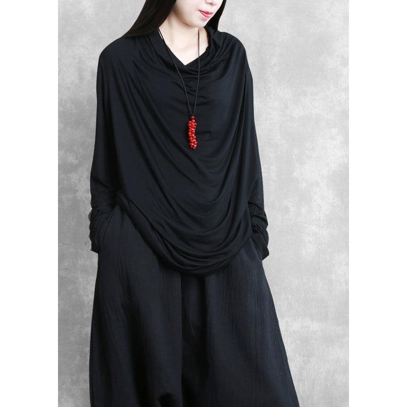Chic Black Asymmetrical Design Fall Blouse Tops